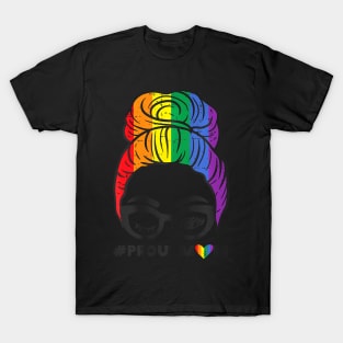 Proud Mom Messy Hair Bun Lgbtq Rainbow Flag Gay Pride T-Shirt